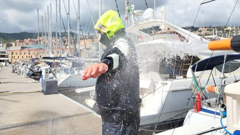 Photo showing the Henri Lloyd Ocean Pro foul weather gear during the waterproofing test