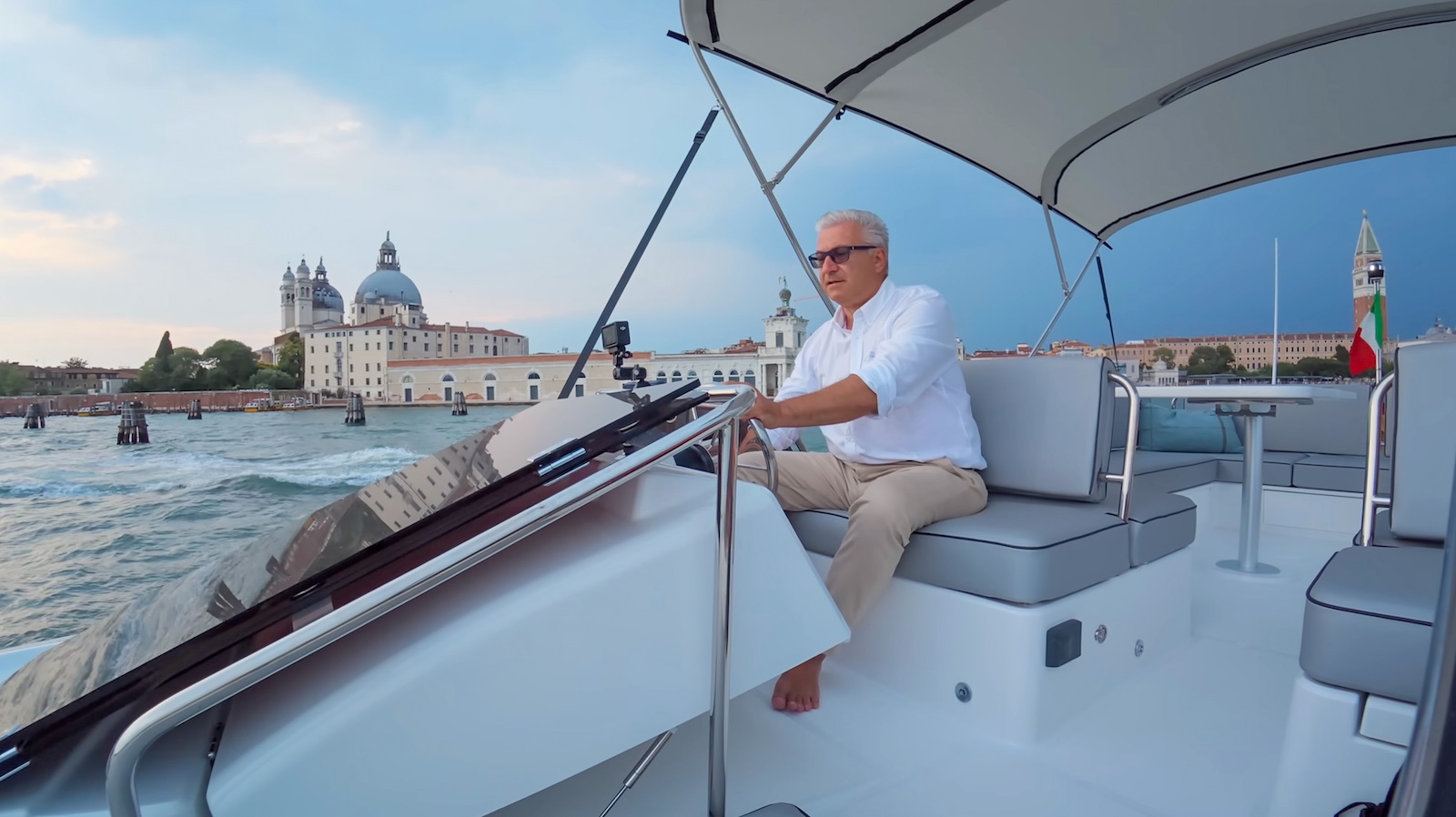 "Luca D'Ambrosio tests the Delphia 11 Skylounge underway" Luca D'Ambrosio tests the Delphia 11 Skylounge underway